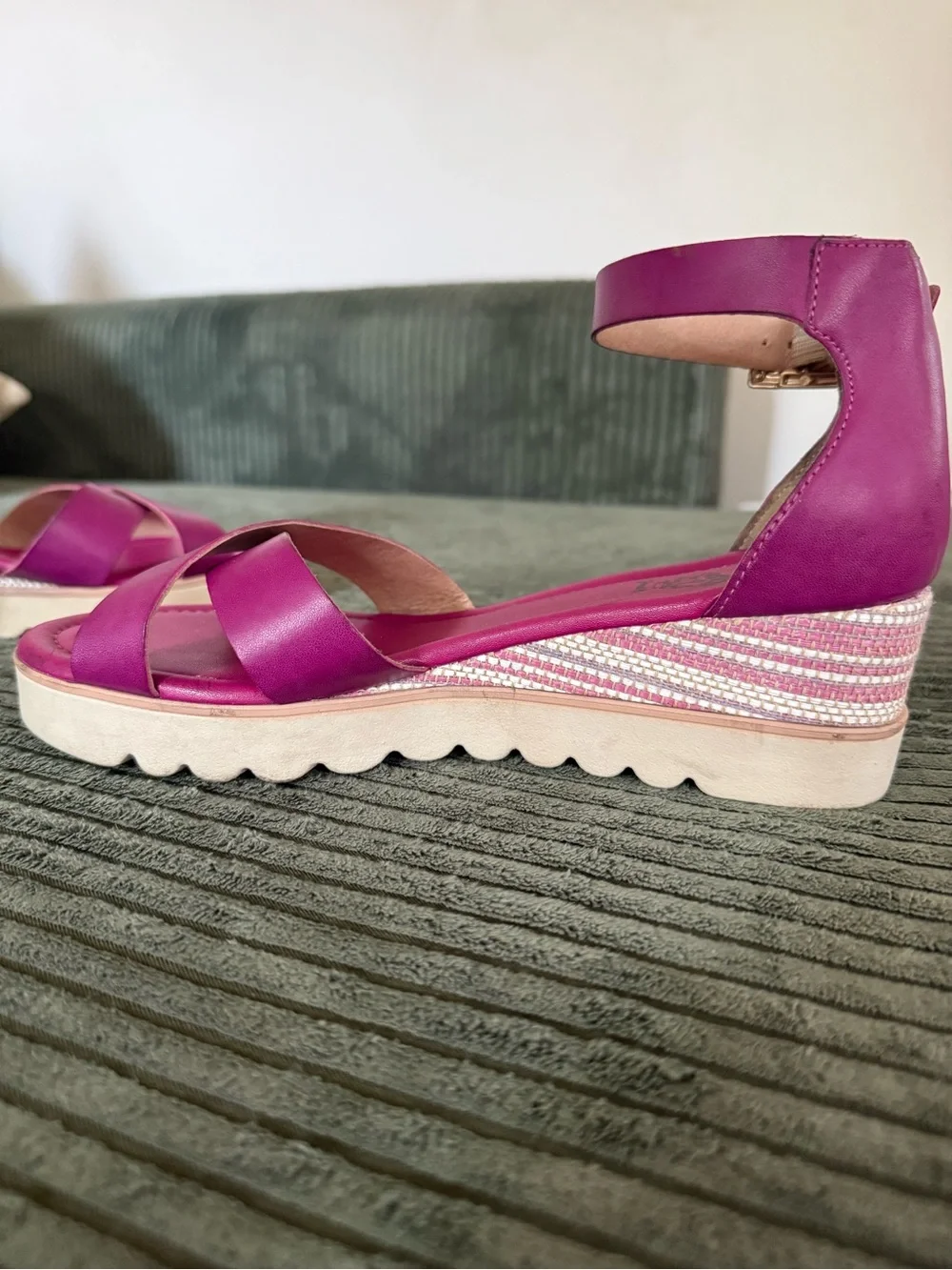 French Blu Magenta Ankle-Strap Wedge Sandals